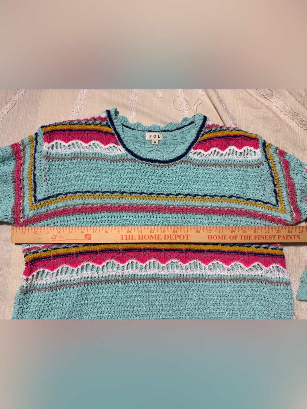 POL Women’s Medium Aqua Open Knit Striped Boho Sweater - Picture 8 of 8